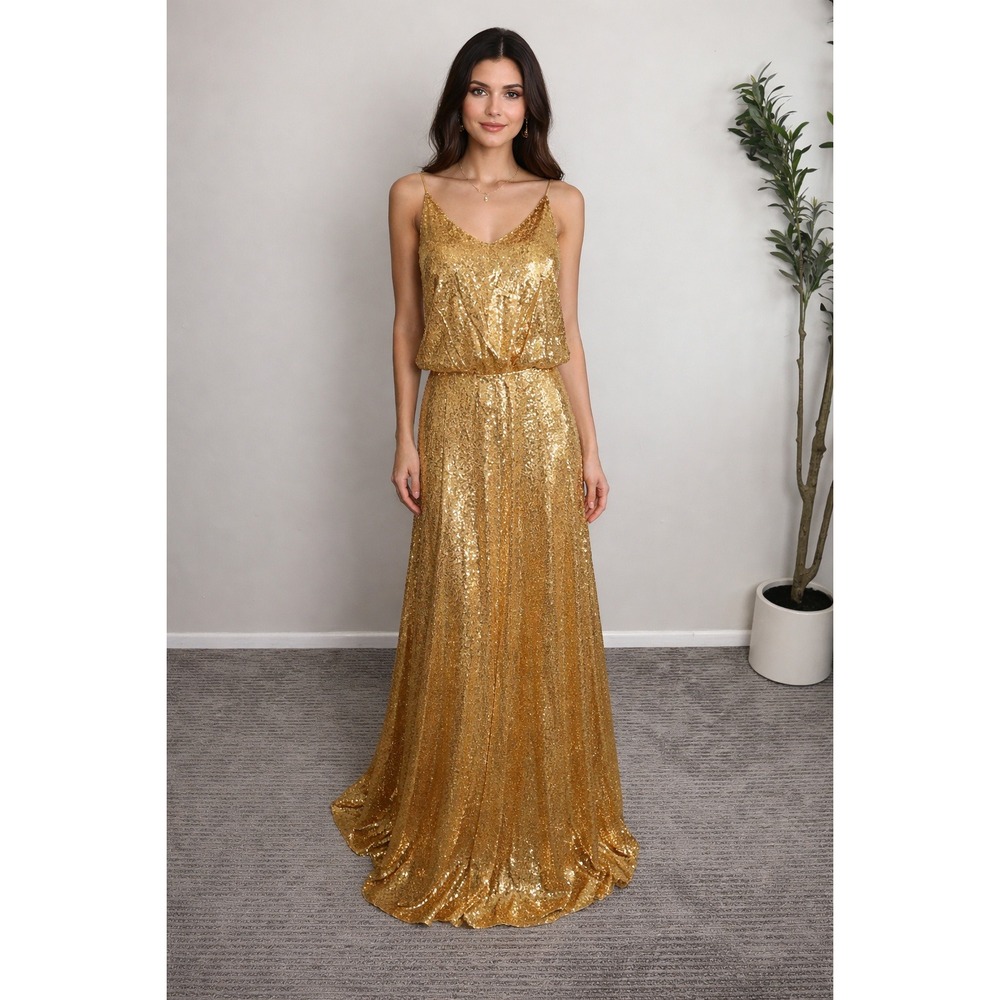 Hebeos Gold‎ Sequin Evening Gown V-Neck Cowl Back Formal Maxi Dress Large NEW